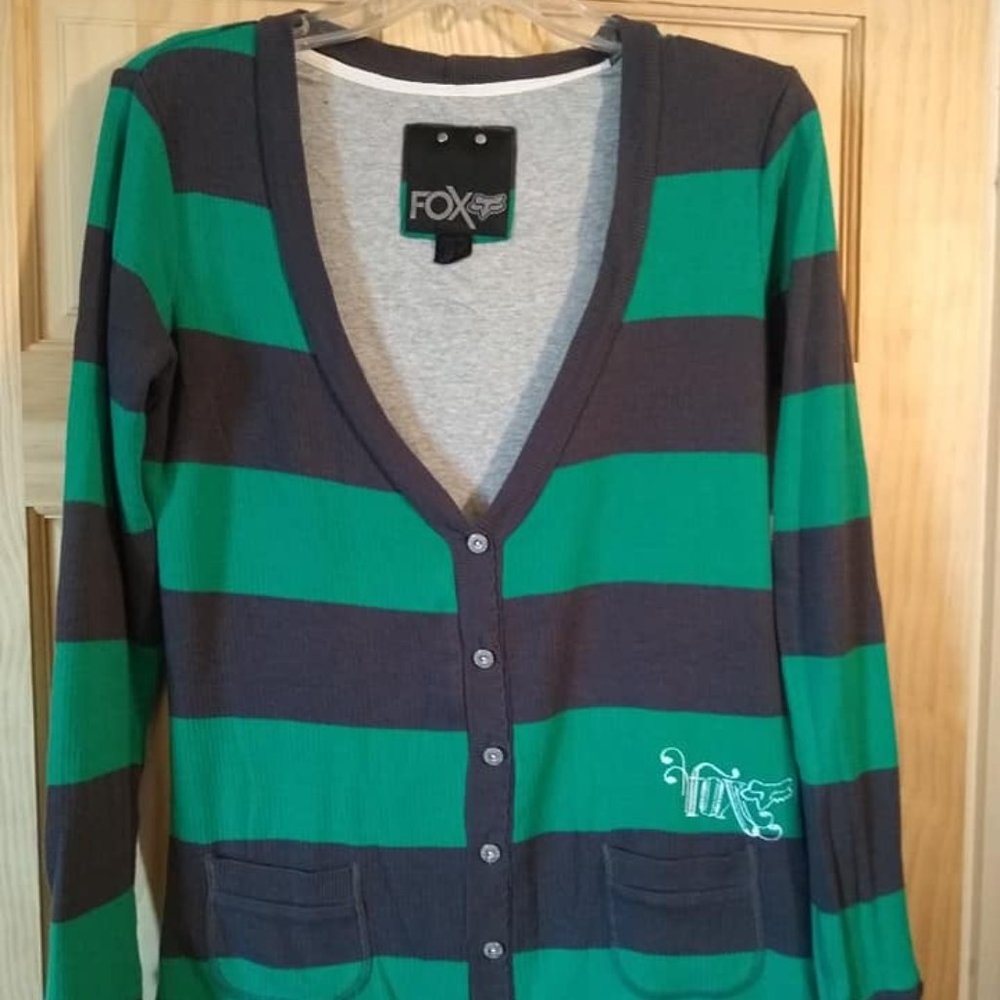 FOX Racing Long Sleeve V-neck Striped Sweatshirt Sweater Navy Green Medium
